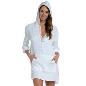 4Our Dreamers White Gauze Cotton Hooded Swimsuit Cover Tunic L Resort Beach Pool